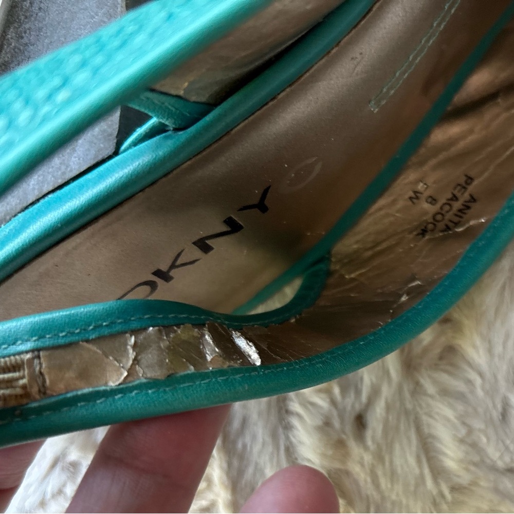 DKNYC, DKNY city “Anita” Turquoise Peep-Toe Slingback Heels, snakeskin,4.25” - Picture 7 of 11